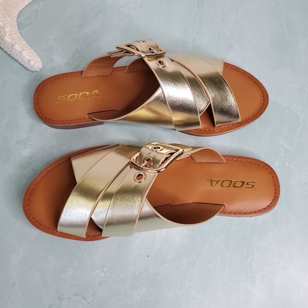 New! Gold Double Strap Buckle Sandals - Picture 5 of 7